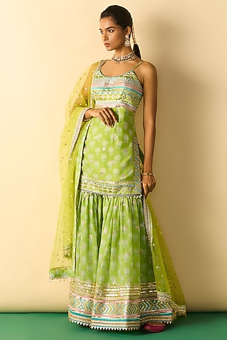 Lime Green Cotton Silk Printed Sharara Set by GOPI VAID