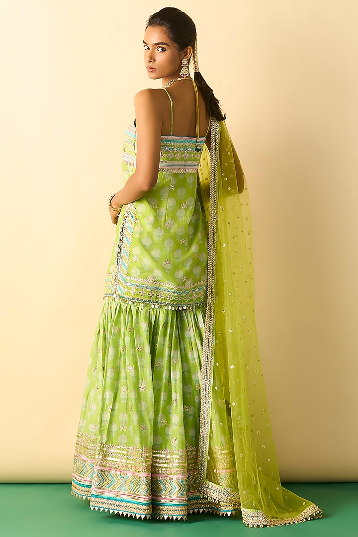 Lime Green Cotton Silk Printed Wedding Sharara Set by GOPI VAID at Pernia's Pop Up Shop