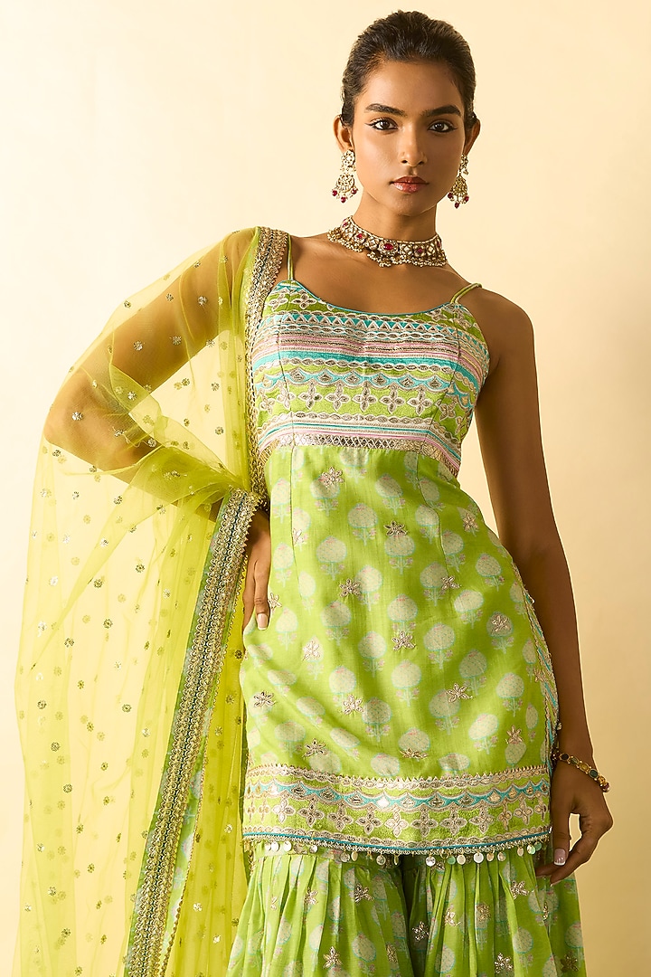 Lime Green Cotton Silk Printed Wedding Sharara Set by GOPI VAID at Pernia's Pop Up Shop