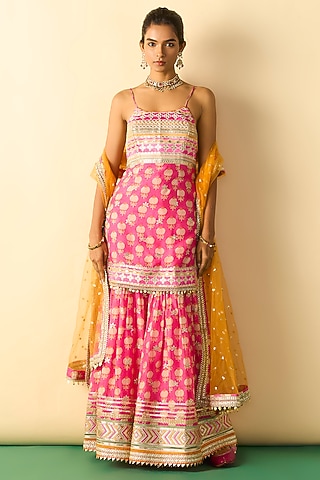 Pink Cotton Silk Printed Sharara Set by GOPI VAID