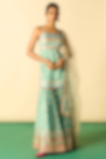 Aqua Cotton Silk Printed Wedding Sharara Set by GOPI VAID at Pernia's Pop Up Shop