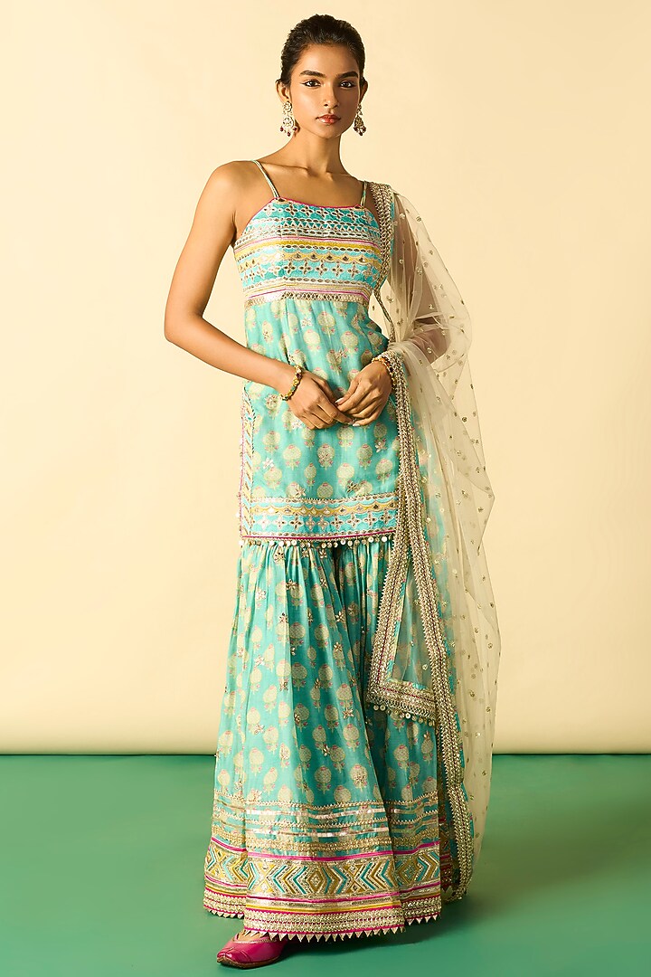 Aqua Cotton Silk Printed Wedding Sharara Set by GOPI VAID at Pernia's Pop Up Shop