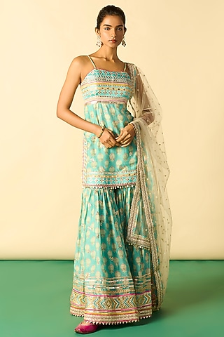 Aqua Cotton Silk Printed Sharara Set by GOPI VAID