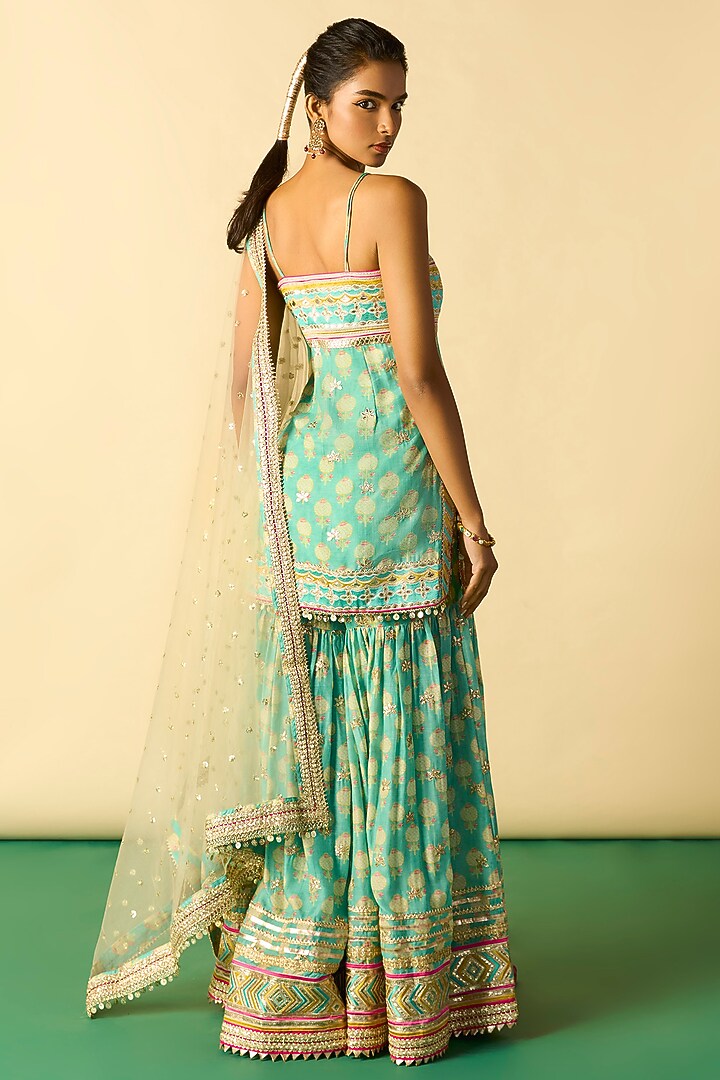 Aqua Cotton Silk Printed Wedding Sharara Set by GOPI VAID at Pernia's Pop Up Shop