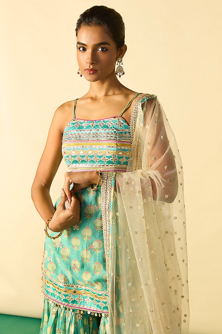Aqua Cotton Silk Printed Wedding Sharara Set by GOPI VAID at Pernia's Pop Up Shop