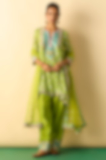 Lime Green Cotton Silk Embroidered High-Low Tunic Set by GOPI VAID at Pernia's Pop Up Shop