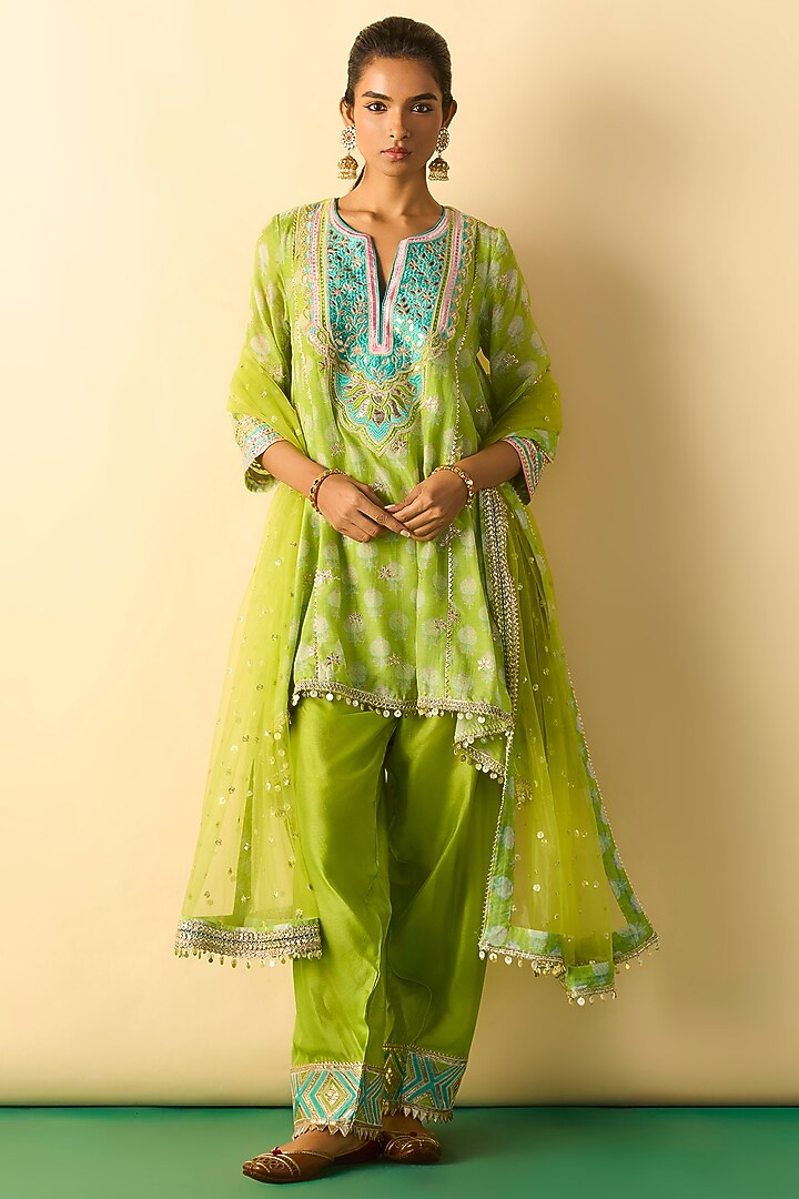 Lime Green Cotton Silk Embroidered High-Low Tunic Set by GOPI VAID at Pernia's Pop Up Shop