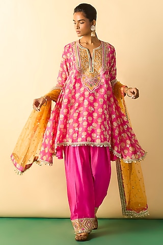 Pink Cotton Silk Embroidered High-Low Tunic Set by GOPI VAID
