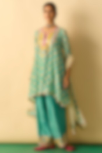Aqua Cotton Silk Embroidered High-Low Tunic Set by GOPI VAID at Pernia's Pop Up Shop