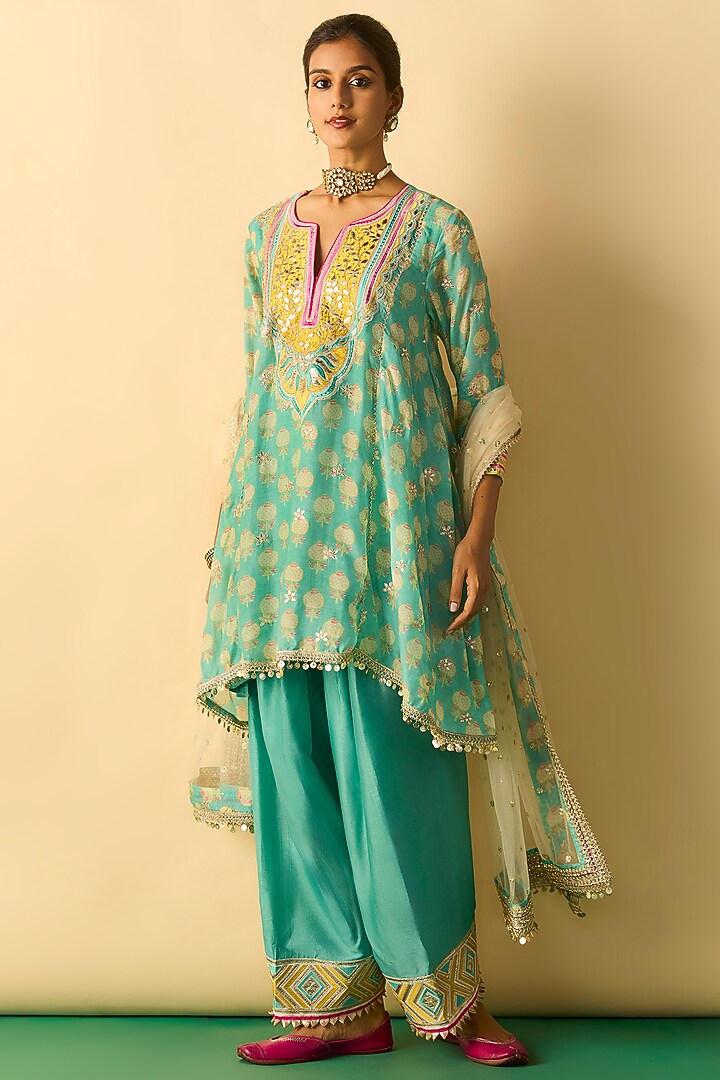 Aqua Cotton Silk Embroidered High-Low Tunic Set by GOPI VAID at Pernia's Pop Up Shop