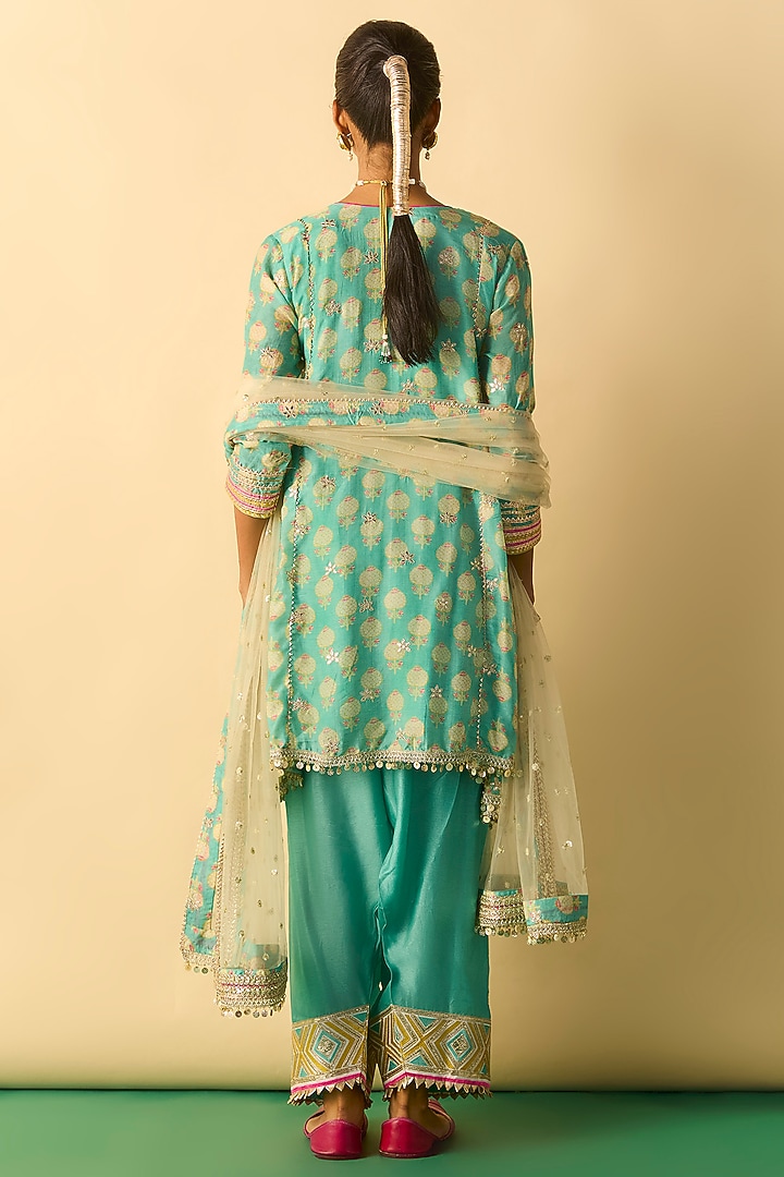 Aqua Cotton Silk Embroidered High-Low Tunic Set by GOPI VAID at Pernia's Pop Up Shop