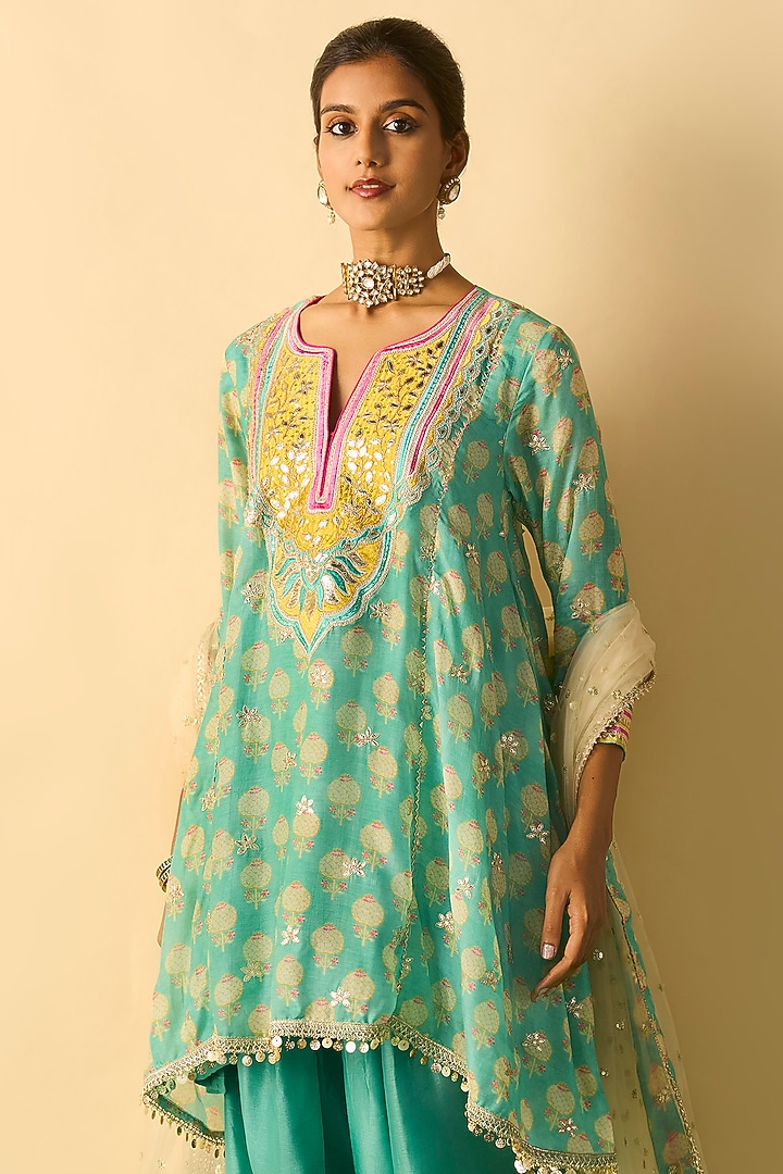 Aqua Cotton Silk Embroidered High-Low Tunic Set by GOPI VAID at Pernia's Pop Up Shop