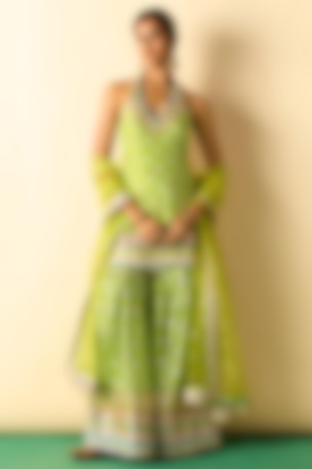Lime Green Cotton Silk Boota Printed Wedding Sharara Set by GOPI VAID at Pernia's Pop Up Shop