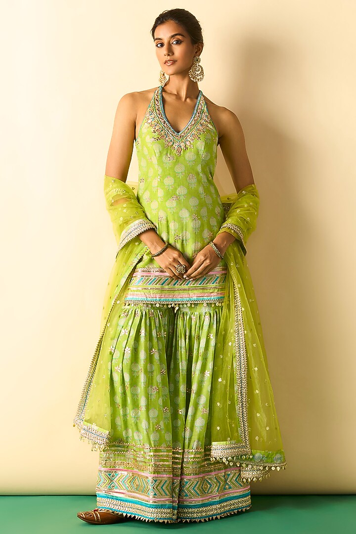 Lime Green Cotton Silk Boota Printed Wedding Sharara Set by GOPI VAID at Pernia's Pop Up Shop