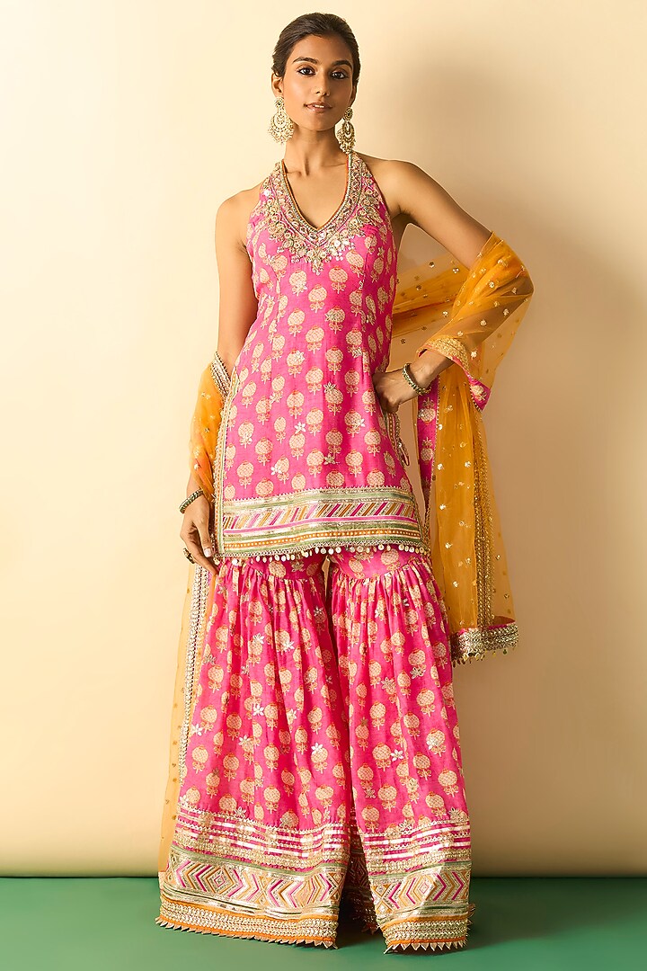 Pink Cotton Silk Boota Printed Wedding Sharara Set by GOPI VAID at Pernia's Pop Up Shop