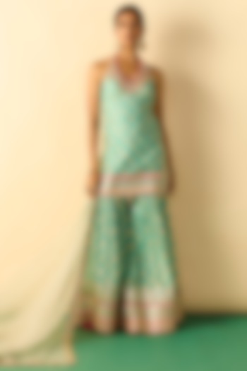Aqua Cotton Silk Boota Printed Wedding Sharara Set by GOPI VAID at Pernia's Pop Up Shop
