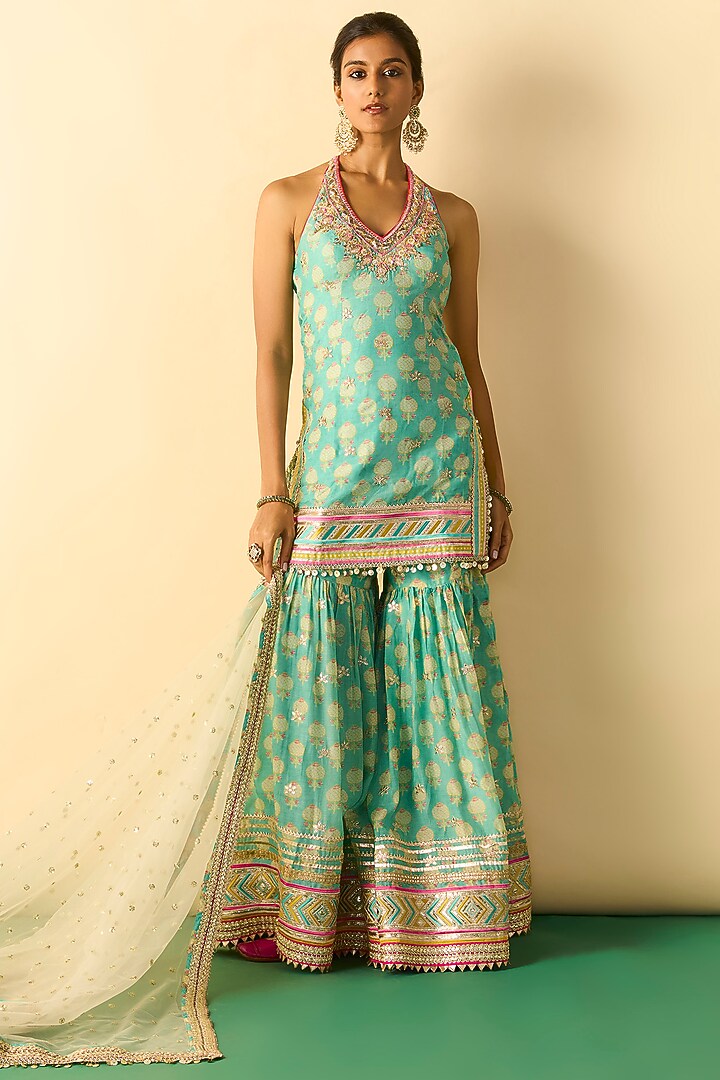 Aqua Cotton Silk Boota Printed Wedding Sharara Set by GOPI VAID at Pernia's Pop Up Shop