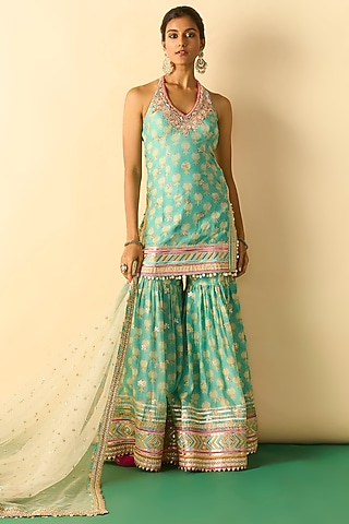 Aqua Cotton Silk Boota Printed Sharara Set by GOPI VAID