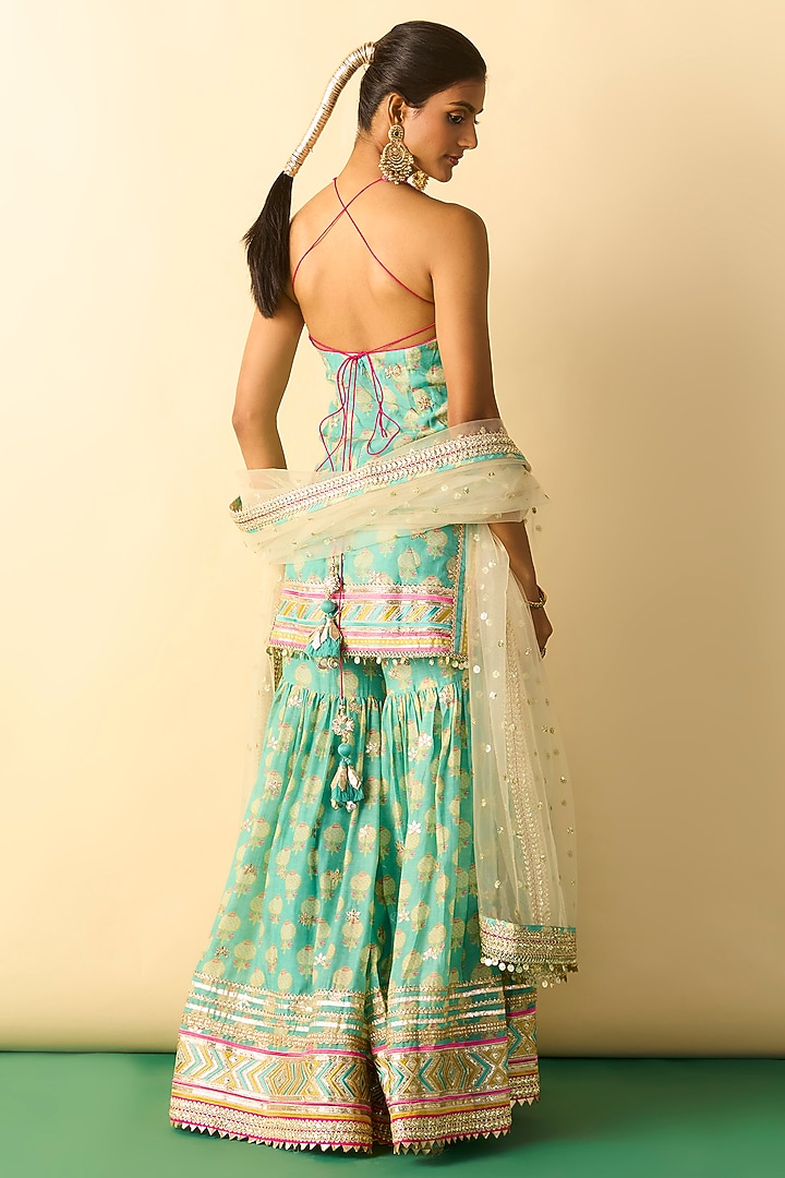 Aqua Cotton Silk Boota Printed Wedding Sharara Set by GOPI VAID at Pernia's Pop Up Shop