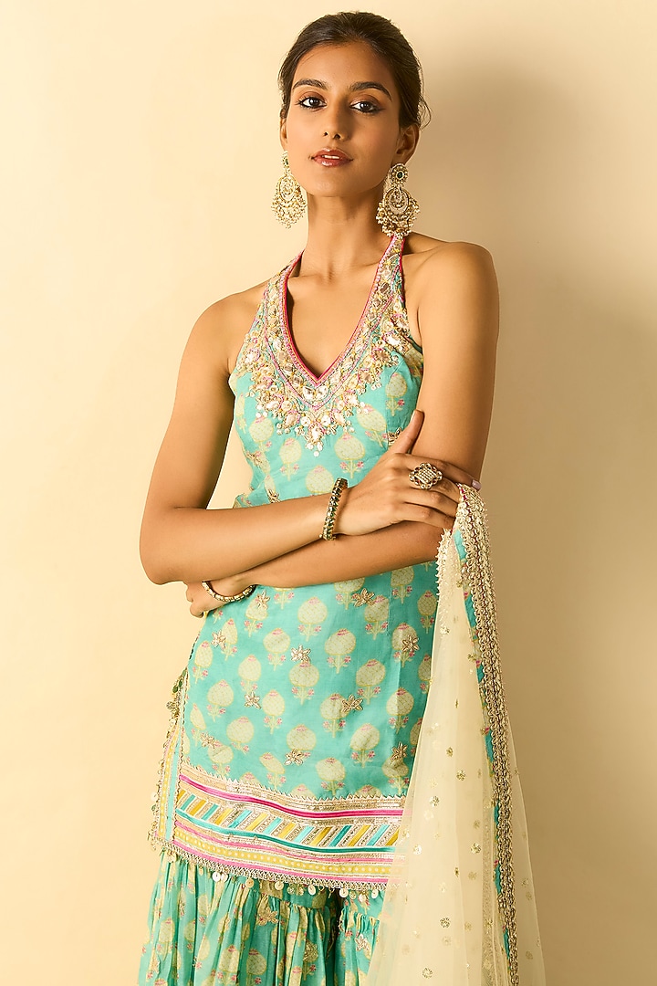 Aqua Cotton Silk Boota Printed Wedding Sharara Set by GOPI VAID at Pernia's Pop Up Shop