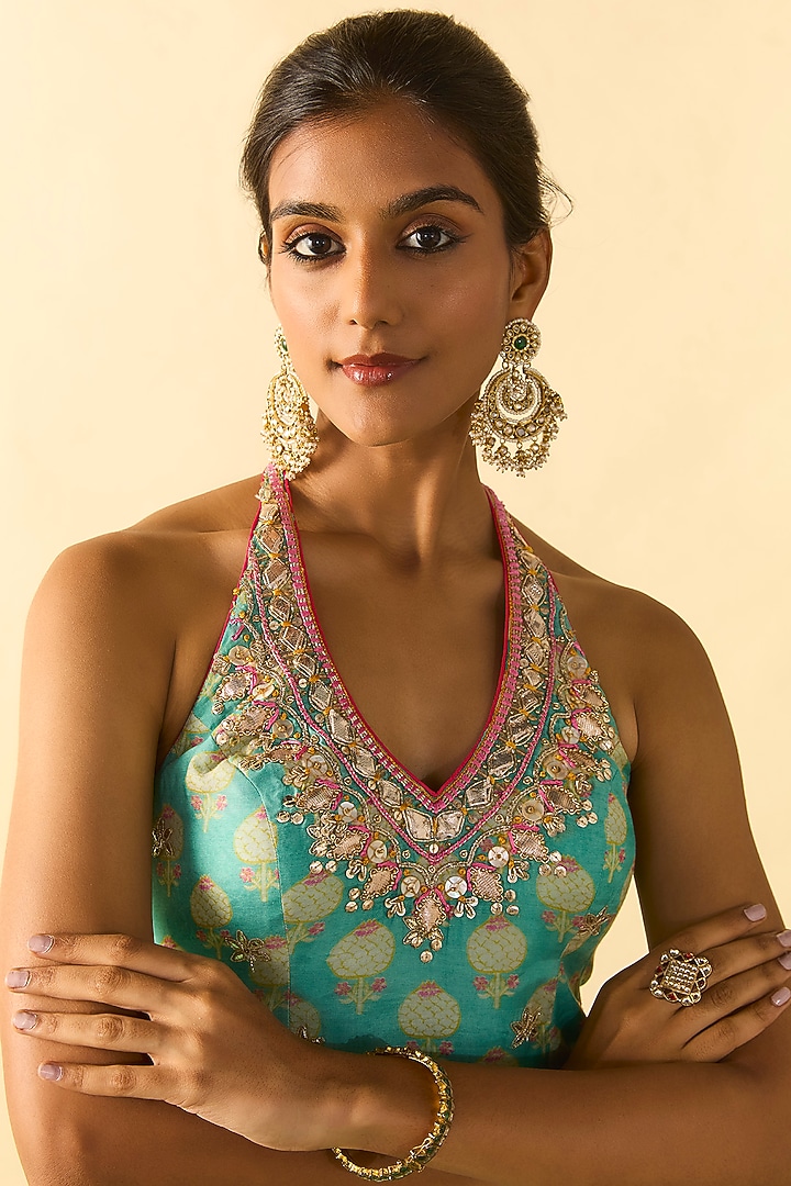 Aqua Cotton Silk Boota Printed Wedding Sharara Set by GOPI VAID at Pernia's Pop Up Shop
