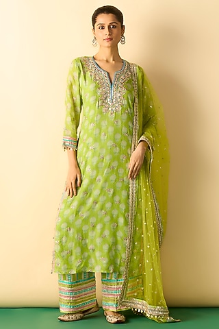Lime Green Cotton Silk Boota Printed Kurta Set by GOPI VAID