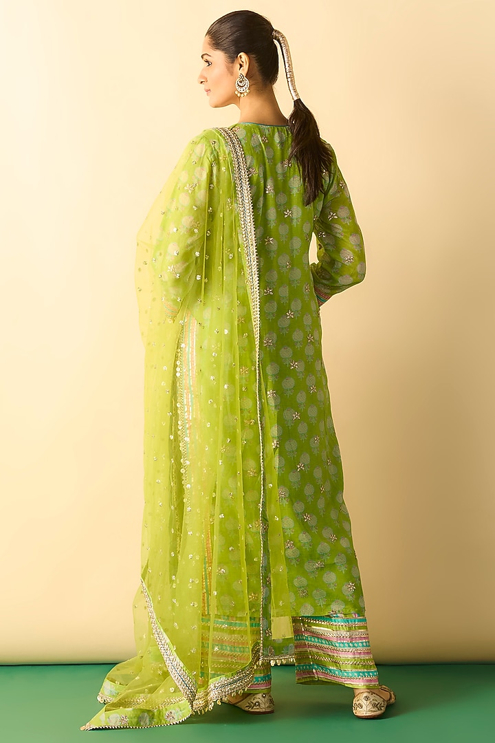 Lime Green Cotton Silk Boota Printed Kurta Set by GOPI VAID at Pernia's Pop Up Shop