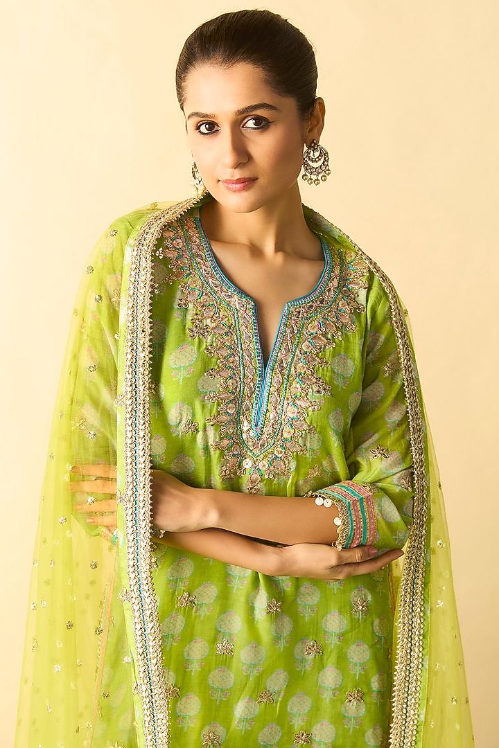 Lime Green Cotton Silk Boota Printed Kurta Set by GOPI VAID at Pernia's Pop Up Shop