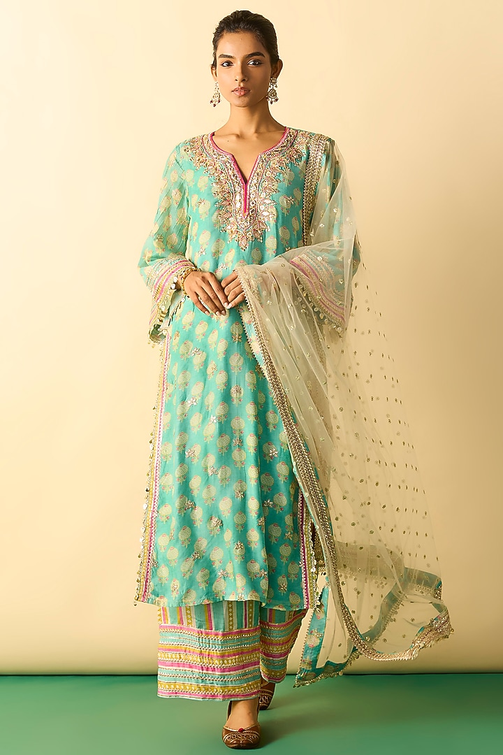 Aqua Cotton Silk Boota Printed Kurta Set by GOPI VAID at Pernia's Pop Up Shop