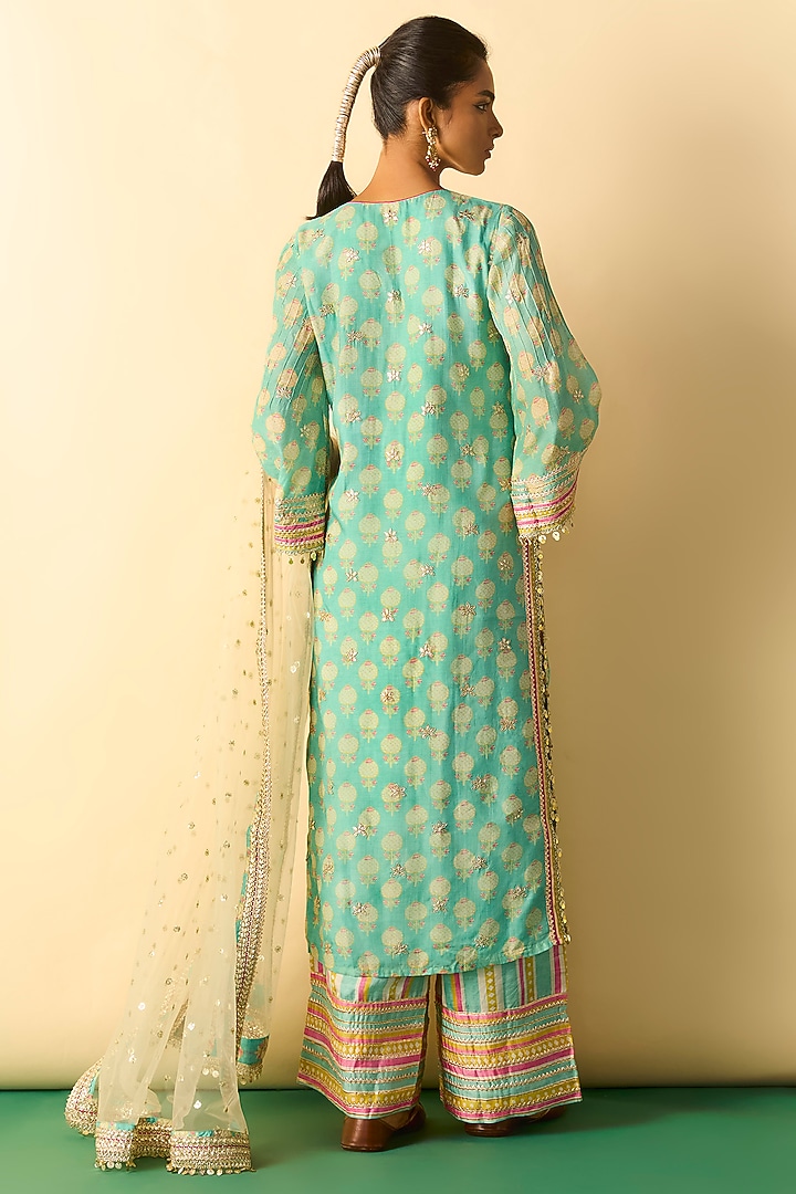 Aqua Cotton Silk Boota Printed Kurta Set by GOPI VAID at Pernia's Pop Up Shop