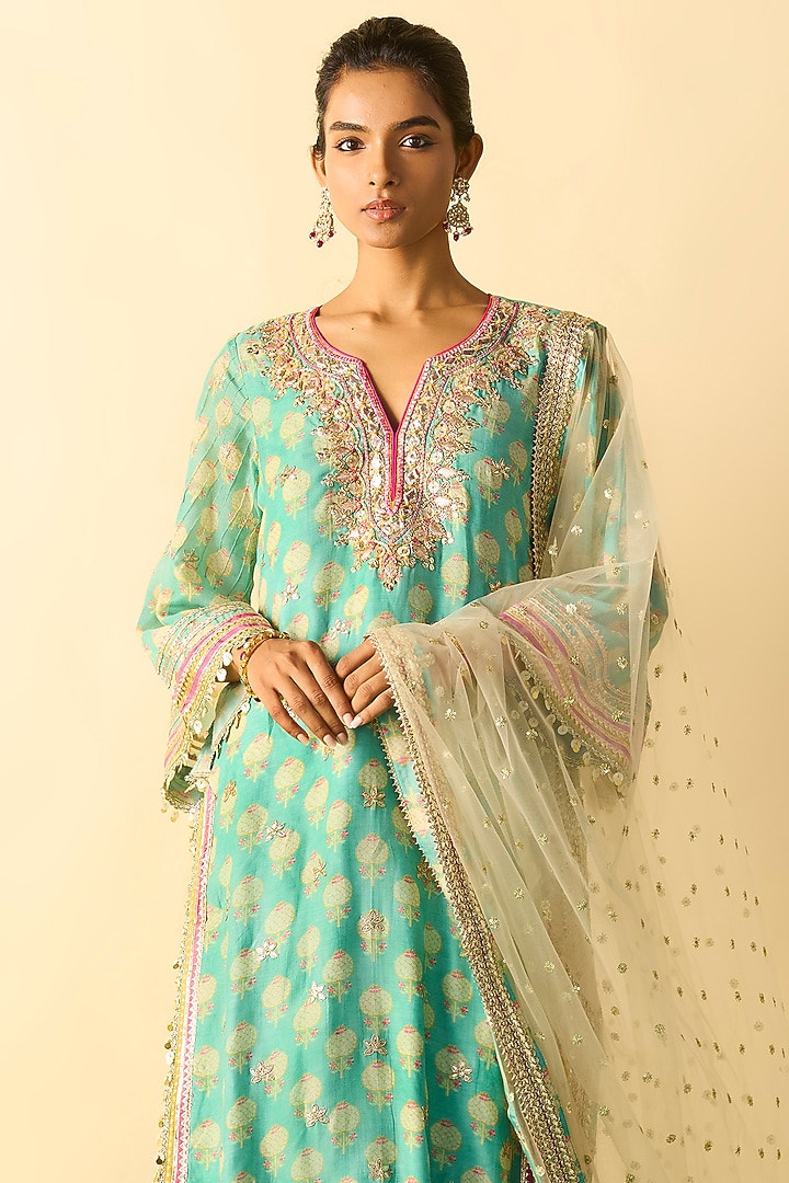 Aqua Cotton Silk Boota Printed Kurta Set by GOPI VAID at Pernia's Pop Up Shop
