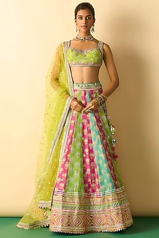 Multi-Colored Cotton Silk Block Printed Lehenga Set by GOPI VAID