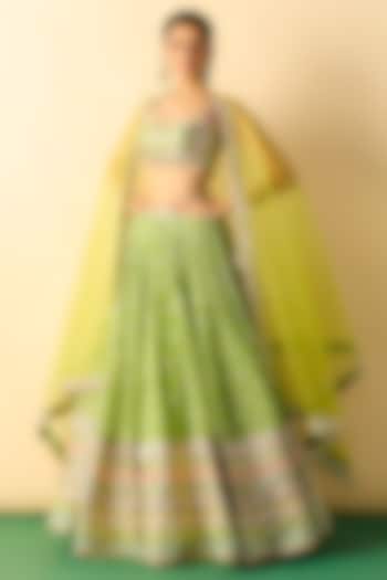 Lime Green Viscose Micro-Dot Printed Wedding Lehenga Set by GOPI VAID at Pernia's Pop Up Shop