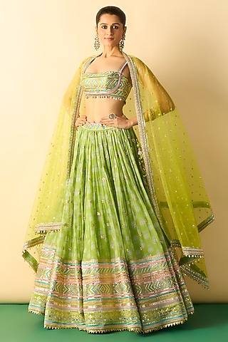 Lime Green Viscose Micro-Dot Printed Lehenga Set by GOPI VAID