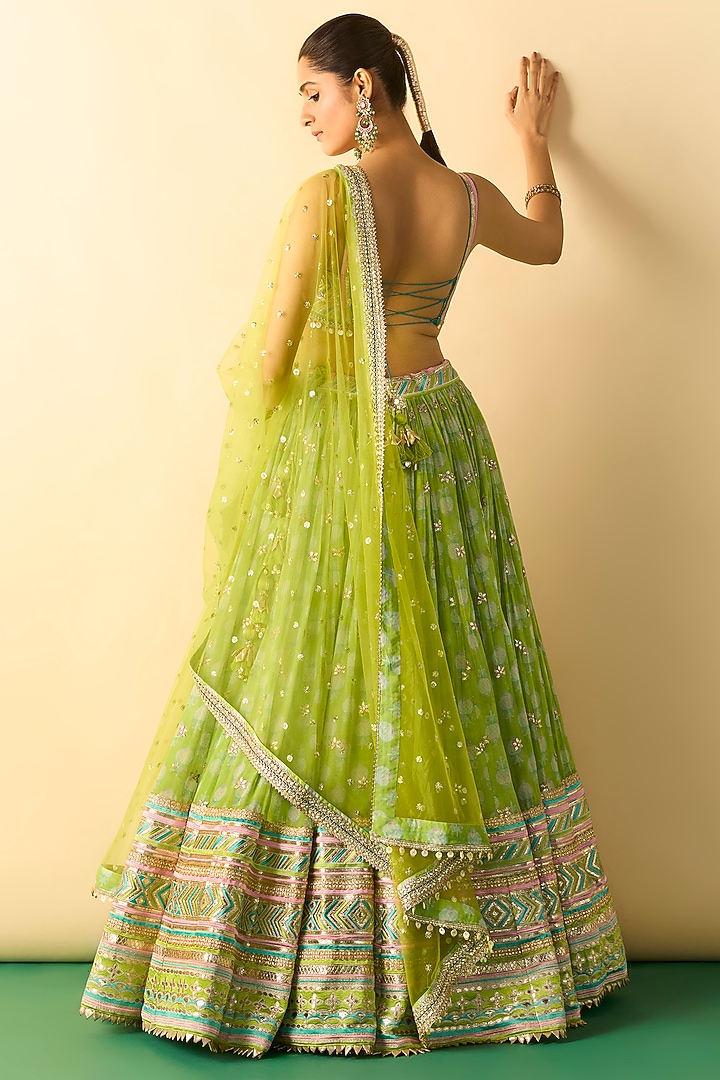 Lime Green Viscose Micro-Dot Printed Wedding Lehenga Set by GOPI VAID at Pernia's Pop Up Shop