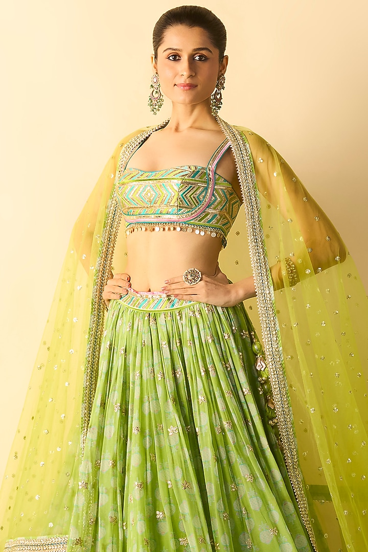 Lime Green Viscose Micro-Dot Printed Wedding Lehenga Set by GOPI VAID at Pernia's Pop Up Shop