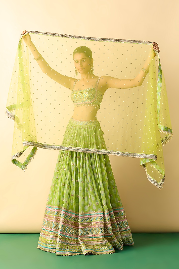 Lime Green Viscose Micro-Dot Printed Wedding Lehenga Set by GOPI VAID at Pernia's Pop Up Shop