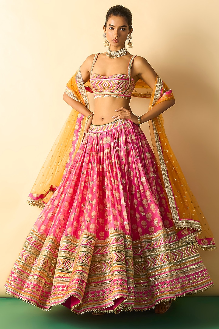 Pink Viscose Micro-Dot Printed Wedding Lehenga Set by GOPI VAID at Pernia's Pop Up Shop