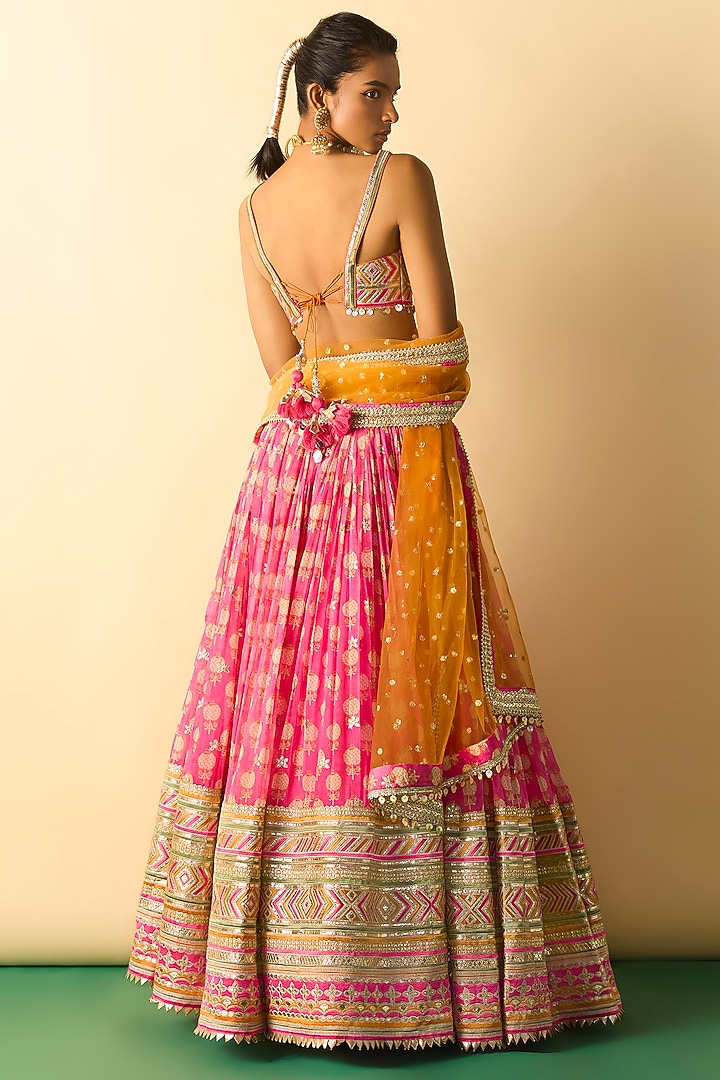 Pink Viscose Micro-Dot Printed Wedding Lehenga Set by GOPI VAID at Pernia's Pop Up Shop