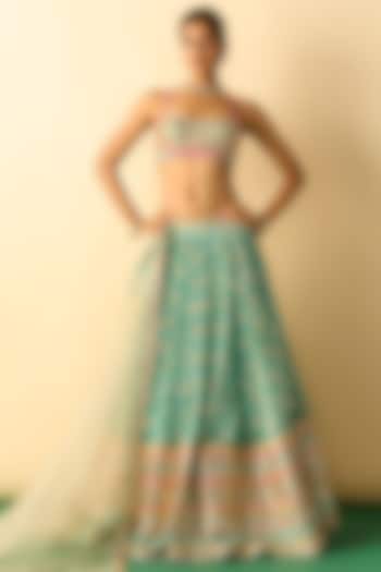 Aqua Cotton Silk Micro-Dot Printed Wedding Lehenga Set by Gopi Vaid at Pernia's Pop Up Shop