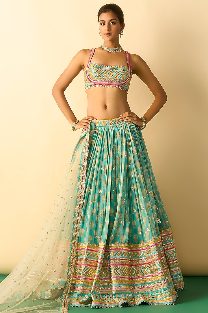 Aqua Cotton Silk Micro-Dot Printed Wedding Lehenga Set by Gopi Vaid at Pernia's Pop Up Shop