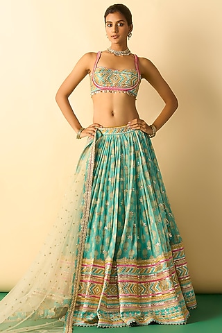 Aqua Cotton Silk Micro-Dot Printed Lehenga Set by Gopi Vaid