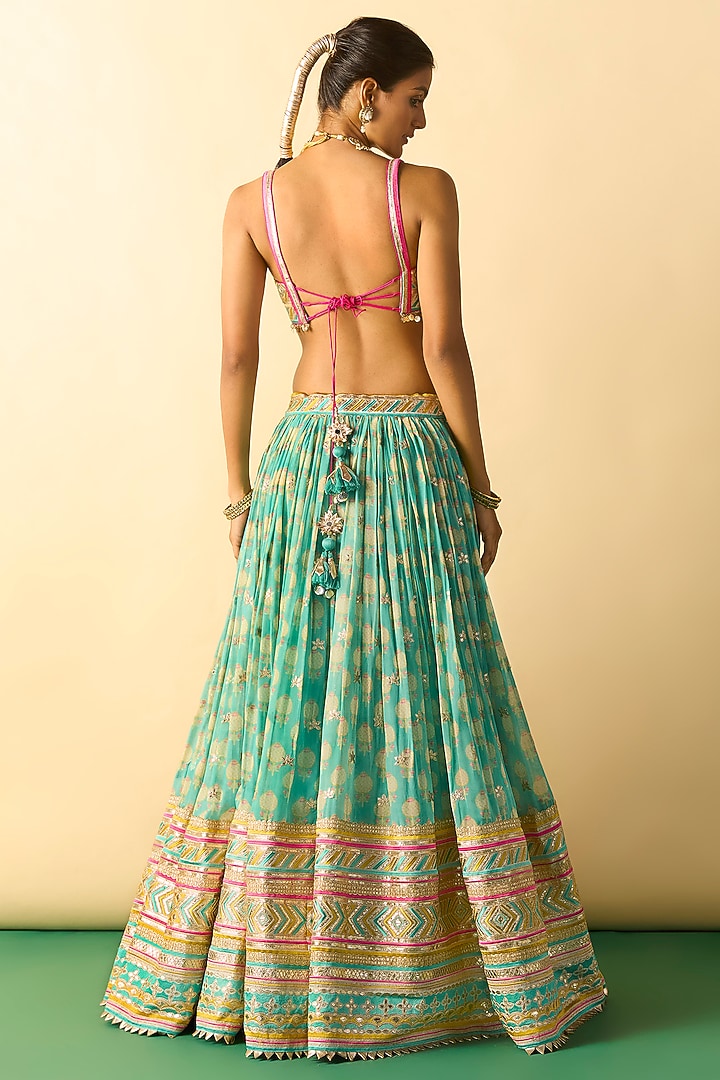 Aqua Cotton Silk Micro-Dot Printed Wedding Lehenga Set by Gopi Vaid at Pernia's Pop Up Shop