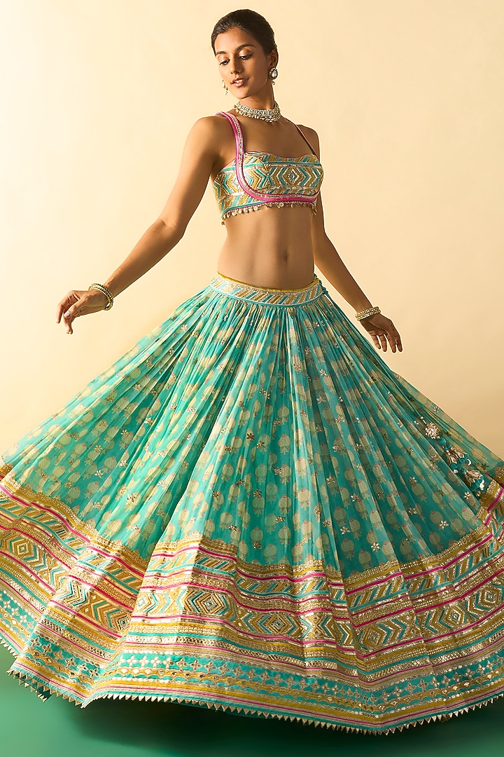 Aqua Cotton Silk Micro-Dot Printed Wedding Lehenga Set by Gopi Vaid at Pernia's Pop Up Shop