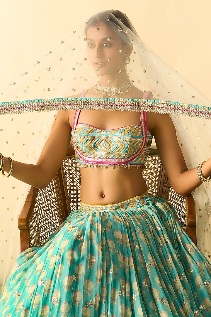 Aqua Cotton Silk Micro-Dot Printed Wedding Lehenga Set by Gopi Vaid at Pernia's Pop Up Shop
