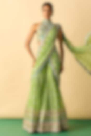 Lime Green Georgette Polka Dot Printed Sharara Wedding Saree Set by Gopi Vaid at Pernia's Pop Up Shop