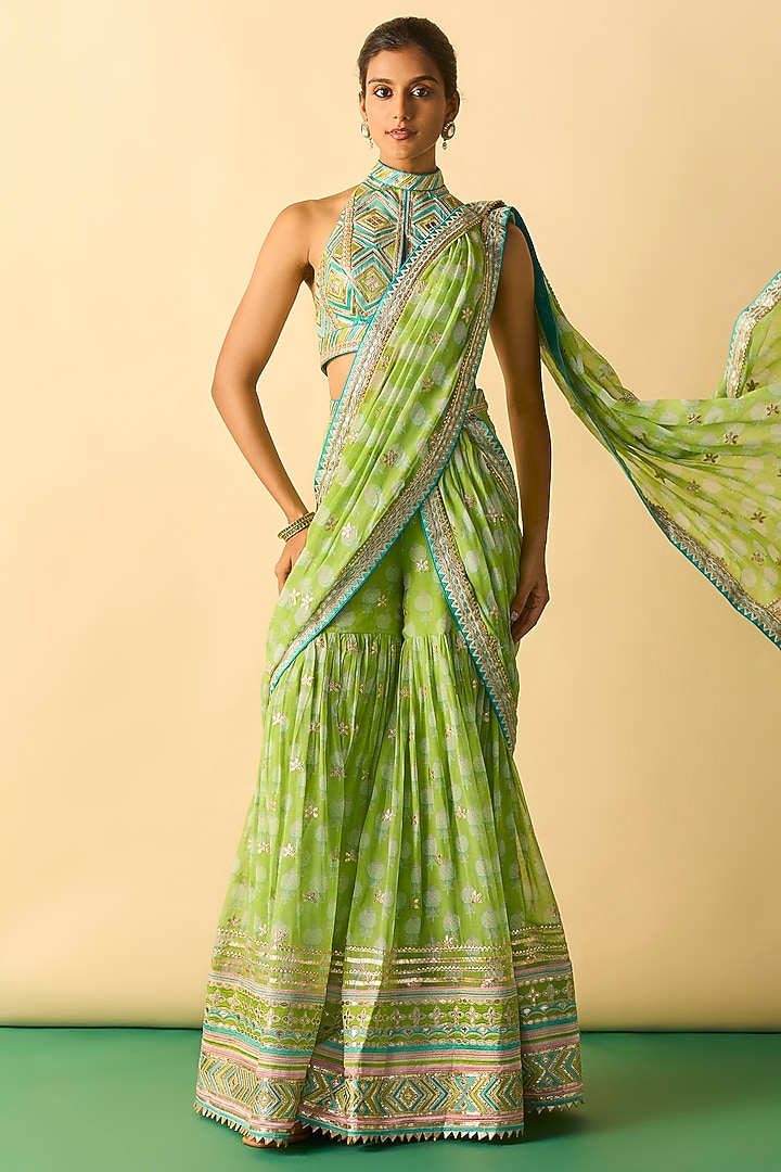 Lime Green Georgette Polka Dot Printed Sharara Wedding Saree Set by Gopi Vaid at Pernia's Pop Up Shop