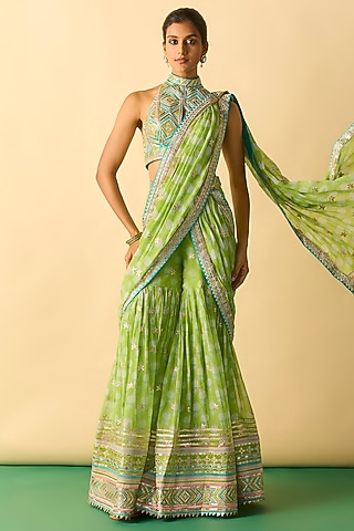 Lime Green Georgette Polka Dot Printed Sharara Saree Set by Gopi Vaid