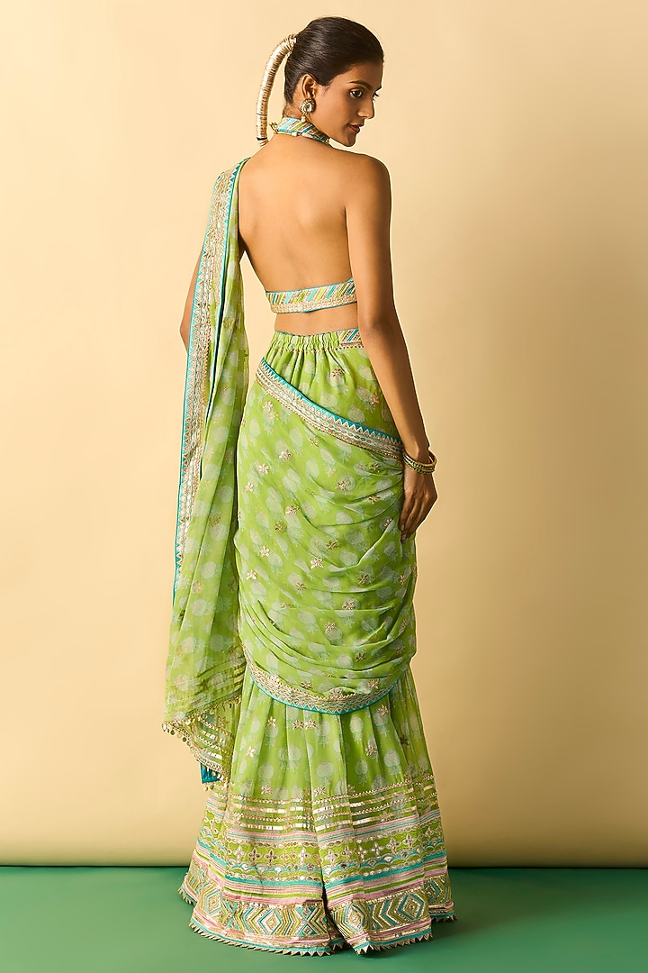 Lime Green Georgette Polka Dot Printed Sharara Wedding Saree Set by Gopi Vaid at Pernia's Pop Up Shop