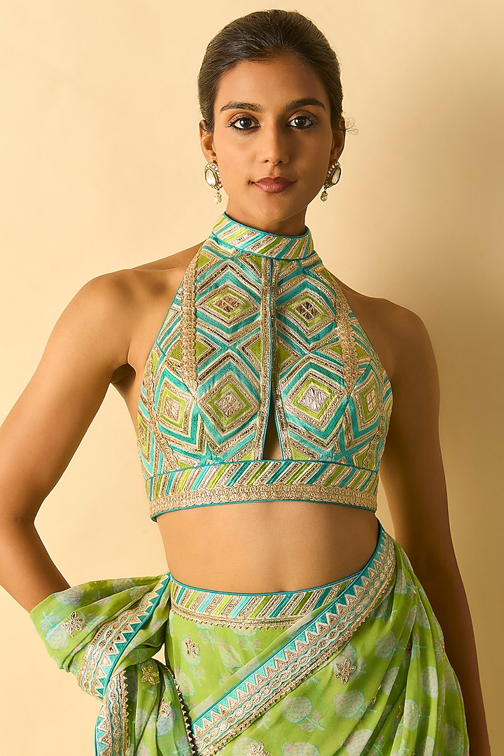 Lime Green Georgette Polka Dot Printed Sharara Wedding Saree Set by Gopi Vaid at Pernia's Pop Up Shop